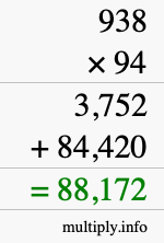 How to calculate 938 times 94 using long multiplication