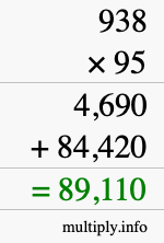 How to calculate 938 times 95 using long multiplication