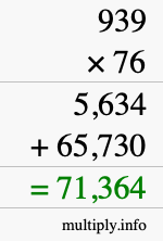 How to calculate 939 times 76 using long multiplication