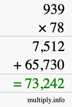 How to calculate 939 times 78 using long multiplication