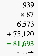 How to calculate 939 times 87 using long multiplication