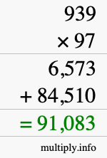 How to calculate 939 times 97 using long multiplication
