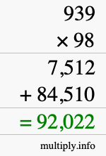 How to calculate 939 times 98 using long multiplication