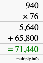 How to calculate 940 times 76 using long multiplication