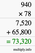 How to calculate 940 times 78 using long multiplication