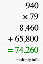 How to calculate 940 times 79 using long multiplication