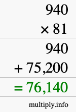 How to calculate 940 times 81 using long multiplication