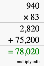 How to calculate 940 times 83 using long multiplication