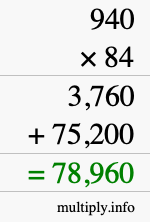 How to calculate 940 times 84 using long multiplication