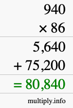 How to calculate 940 times 86 using long multiplication