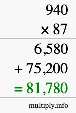 How to calculate 940 times 87 using long multiplication