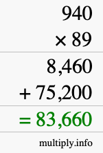 How to calculate 940 times 89 using long multiplication