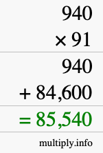 How to calculate 940 times 91 using long multiplication