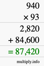 How to calculate 940 times 93 using long multiplication