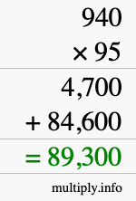 How to calculate 940 times 95 using long multiplication