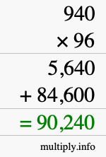 How to calculate 940 times 96 using long multiplication