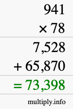 How to calculate 941 times 78 using long multiplication