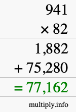 How to calculate 941 times 82 using long multiplication