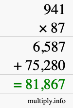 How to calculate 941 times 87 using long multiplication