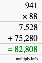 How to calculate 941 times 88 using long multiplication