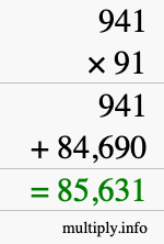 How to calculate 941 times 91 using long multiplication