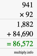 How to calculate 941 times 92 using long multiplication