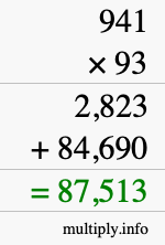 How to calculate 941 times 93 using long multiplication
