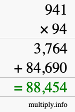 How to calculate 941 times 94 using long multiplication
