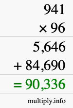 How to calculate 941 times 96 using long multiplication