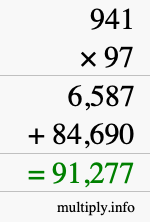 How to calculate 941 times 97 using long multiplication