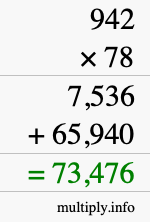 How to calculate 942 times 78 using long multiplication