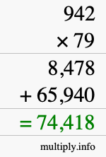 How to calculate 942 times 79 using long multiplication