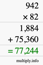 How to calculate 942 times 82 using long multiplication
