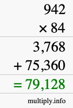 How to calculate 942 times 84 using long multiplication