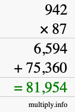 How to calculate 942 times 87 using long multiplication