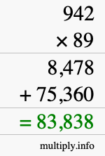 How to calculate 942 times 89 using long multiplication