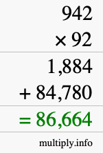 How to calculate 942 times 92 using long multiplication