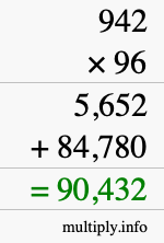 How to calculate 942 times 96 using long multiplication