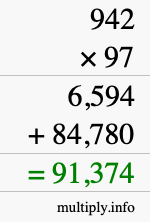 How to calculate 942 times 97 using long multiplication