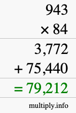 How to calculate 943 times 84 using long multiplication