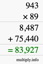How to calculate 943 times 89 using long multiplication