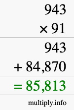 How to calculate 943 times 91 using long multiplication