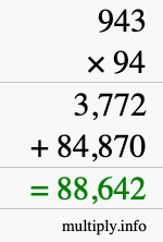 How to calculate 943 times 94 using long multiplication
