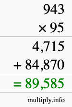 How to calculate 943 times 95 using long multiplication