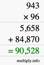 How to calculate 943 times 96 using long multiplication
