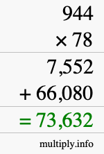 How to calculate 944 times 78 using long multiplication