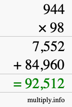 How to calculate 944 times 98 using long multiplication