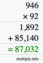 How to calculate 946 times 92 using long multiplication