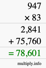 How to calculate 947 times 83 using long multiplication