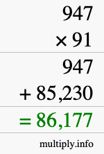 How to calculate 947 times 91 using long multiplication